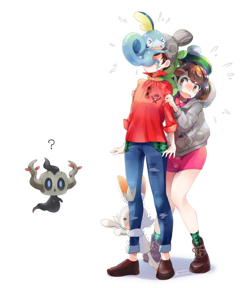 1boy 1girl ? bangs blue_pants blush boots brown_footwear cardigan commentary_request dress flying_sweatdrops gen_6_pokemon gen_8_pokemon green_headwear green_legwear grey_cardigan grookey human_shield kokoroko masaru_(pokemon) open_mouth pants phantump pink_dress pokemon pokemon_(creature) pokemon_(game) pokemon_swsh red_shirt scared scorbunny shirt simple_background sleeves_rolled_up sobble socks starter_pokemon starter_pokemon_trio tam_o'_shanter tearing_up wavy_mouth white_background yuuri_(pokemon)