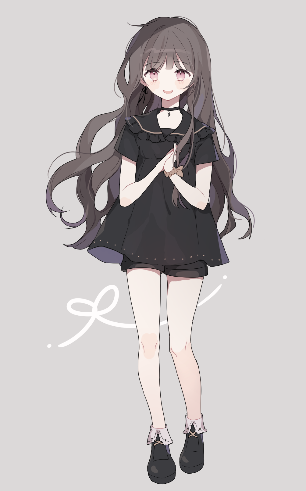 1girl :d bangs black_dress black_footwear black_hair black_sailor_collar black_shorts blush boots brown_scrunchie clip_studio_paint_(medium) dress eyebrows_visible_through_hair frilled_sailor_collar frills full_body grey_background hands_together hands_up highres long_hair looking_at_viewer moffle_(ayabi) open_mouth original own_hands_together red_eyes sailor_collar sailor_dress scrunchie short_shorts short_sleeves shorts shorts_under_dress simple_background smile solo standing very_long_hair wrist_scrunchie