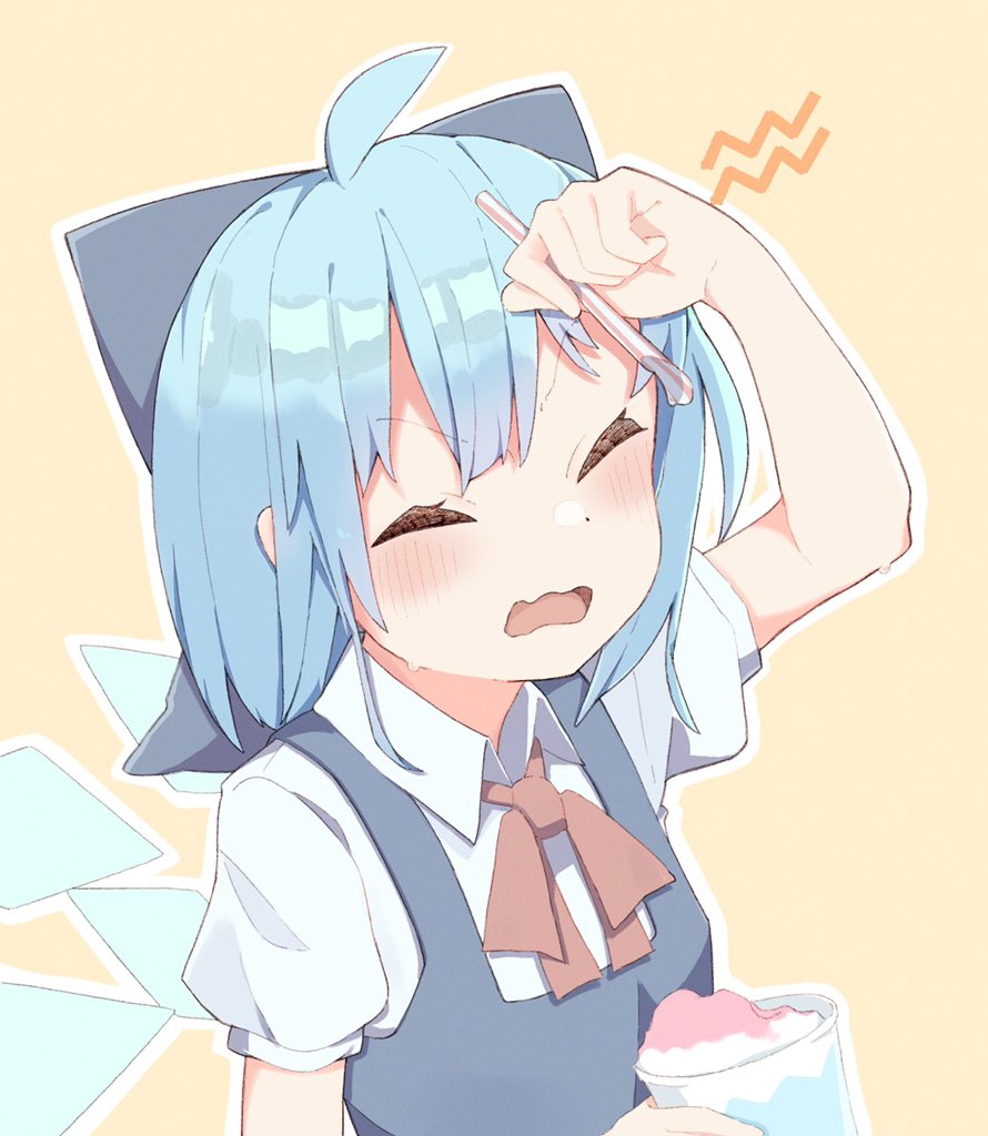 1girl ahoge bangs blue_bow blue_dress blue_hair blush bow brain_freeze cirno closed_eyes commentary_request cup detached_sleeves disposable_cup dress drinking_straw hair_bow hand_to_forehead holding holding_cup ice ice_wings kae_karee medium_hair neck_ribbon open_mouth red_neckwear ribbon shirt short_sleeves simple_background solo sweat touhou upper_body wavy_mouth white_shirt wings yellow_background