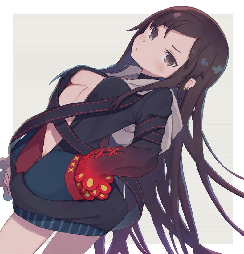 1girl bangs black_choker black_dress blush breasts brown_eyes brown_hair center_opening choker closed_mouth consort_yu_(fate) dress dutch_angle eyebrows_visible_through_hair fate/grand_order fate_(series) grey_background hand_in_pocket hood hood_down long_hair long_sleeves looking_at_viewer medium_breasts sleeves_past_wrists solo swept_bangs totatokeke two-tone_background very_long_hair white_background