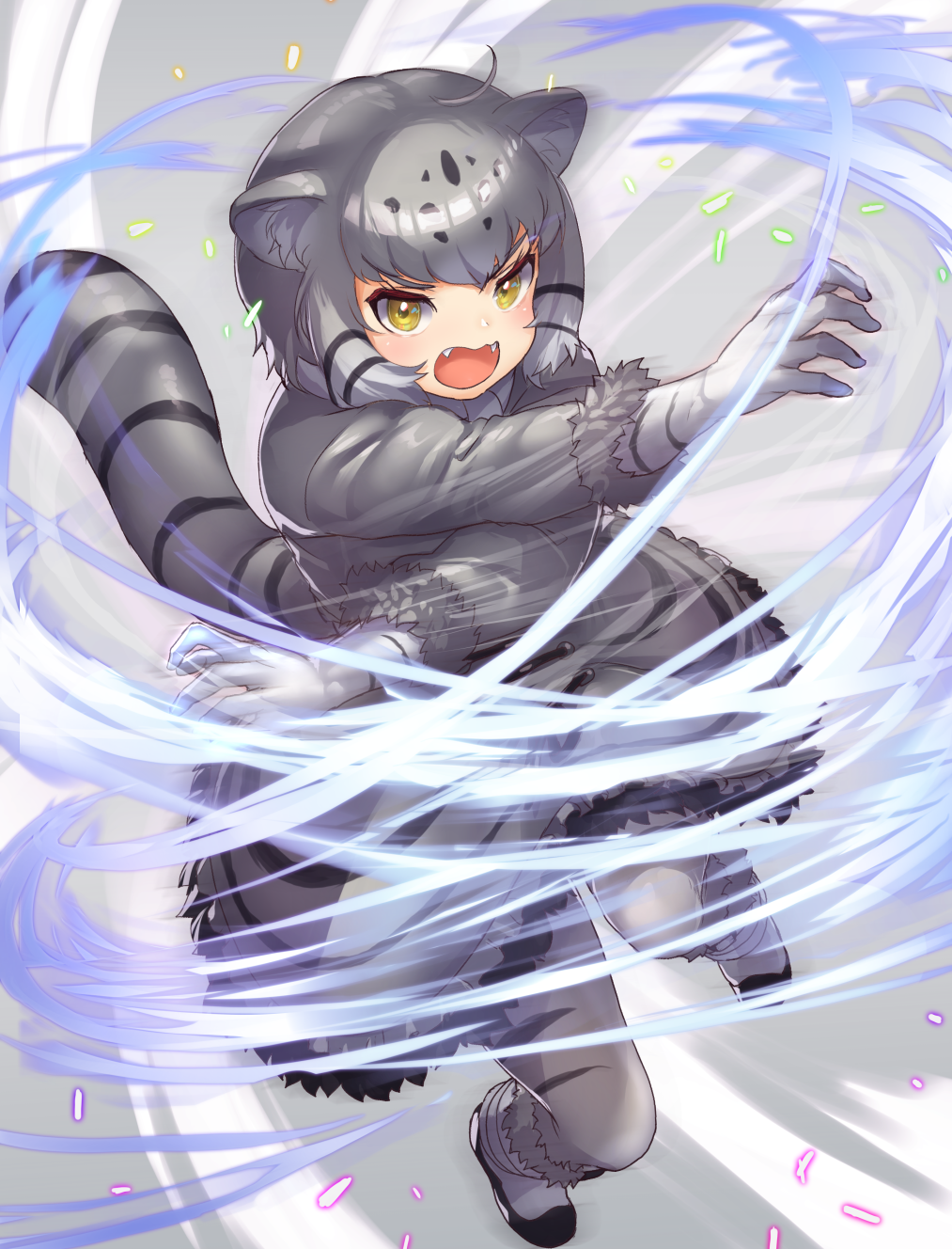 1girl :3 animal_ears attack cat_ears cat_girl cat_tail commentary_request crossed_arms eyebrows_visible_through_hair fangs frilled_skirt frills full_body fur_trim gloves grey_gloves grey_hair grey_legwear grey_skirt grey_sweater highres kemono_friends long_sleeves multicolored_hair open_mouth pallas's_cat_(kemono_friends) pantyhose short_hair skirt solo sweater tadano_magu tail yellow_eyes