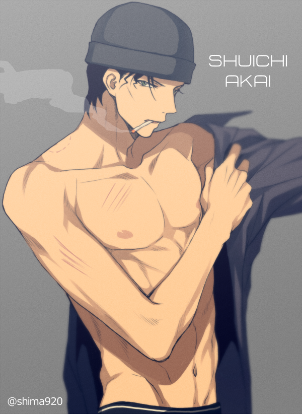 1boy akai_shuuichi beanie black_hair black_headwear black_shirt bruise character_name chest cigarette commentary_request dressing grey_background groin hat injury looking_at_viewer male_focus male_underwear mashima_shima meitantei_conan mouth_hold navel nipples shirt shirtless simple_background smoke smoking solo toned toned_male twitter_username underwear upper_body