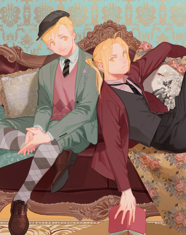 2boys alphonse_elric alternate_costume aqua_background argyle argyle_legwear argyle_sweater arm_rest back-to-back bangs black_headwear black_neckwear black_pants blanket blonde_hair book brothers brown_footwear buttons cabbie_hat chaise_longue closed_mouth collar_up collared_shirt couch cross-laced_footwear crossed_legs cushion dress_shirt edward_elric expressionless fingernails floral_print formal fullmetal_alchemist green_jacket green_shorts grey_legwear grey_vest hands_on_lap happy hat head_tilt high_ponytail holding holding_book interlocked_fingers jacket legs_up looking_at_viewer looking_to_the_side male_focus multiple_boys necktie on_couch open_book open_clothes open_jacket own_hands_together p0ckylo pants patterned_background pink_sweater ponytail red_jacket rug shiny shiny_hair shirt shoes short_shorts shorts siblings sitting smile socks striped striped_neckwear striped_shirt suit_jacket sweater swept_bangs upper_body vest white_shirt yellow_eyes