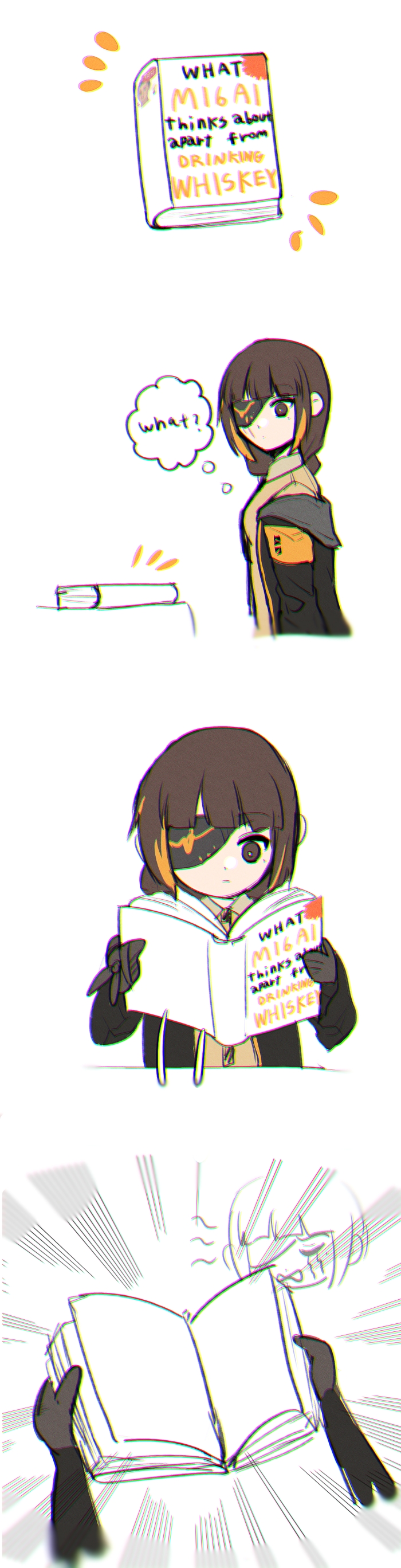 1girl absurdres angry armband bangs black_gloves black_hair black_jacket book braid braided_ponytail brown_hair brown_shirt commentary_request crying english_text expressionless eyebrows_visible_through_hair eyepatch girls_frontline gloves highres holding holding_book jacket long_hair m16a1_(girls_frontline) multicolored_hair multiple_views necktie open_clothes open_jacket orange_hair scar scar_across_eye shirt solo speech_bubble streaked_hair xanax025