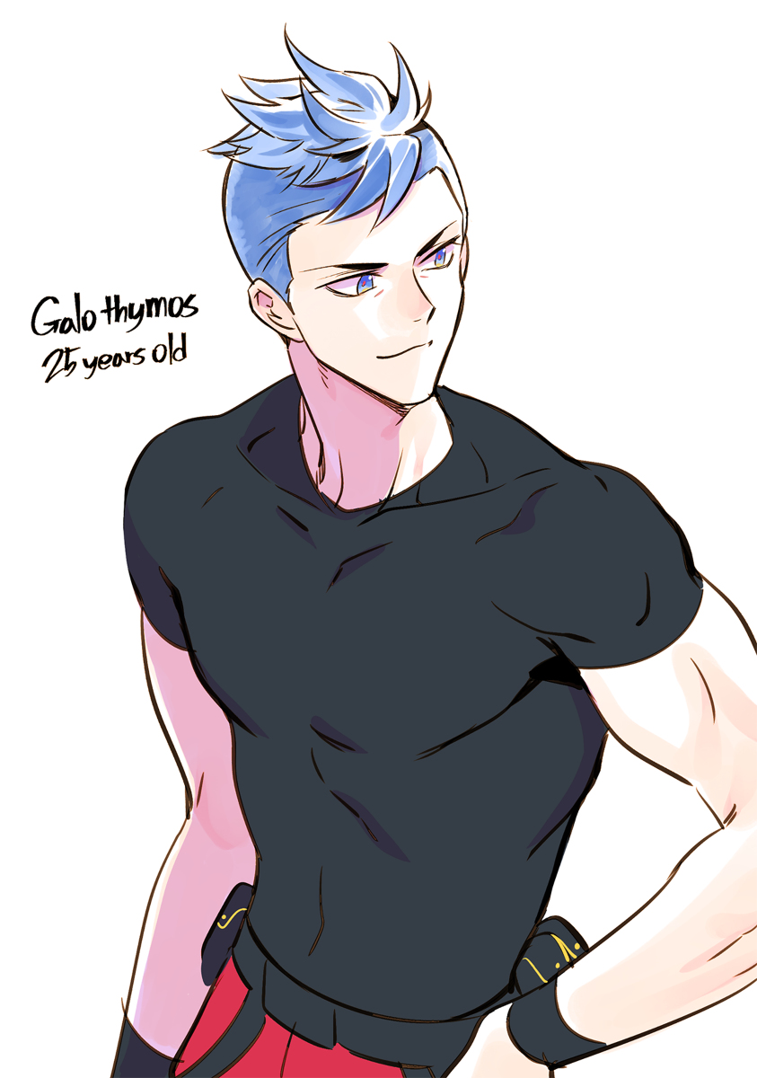1boy alternate_hair_length alternate_hairstyle bhh4321 black_shirt blue_eyes blue_hair galo_thymos highres looking_to_the_side older promare shirt simple_background skin_tight smile solo white_background