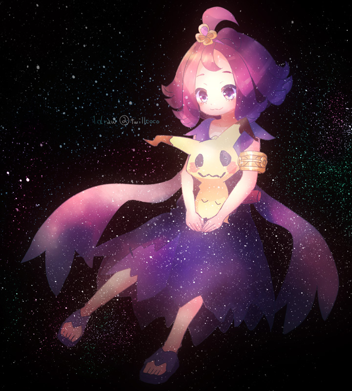 1girl :3 acerola_(pokemon) armlet closed_mouth collarbone commentary_request dress eyelashes gen_7_pokemon holding holding_pokemon kokoroko medium_hair mimikyu pokemon pokemon_(creature) pokemon_(game) pokemon_sm purple_hair sandals short_sleeves smile space star_(sky) stitches toes topknot violet_eyes watermark