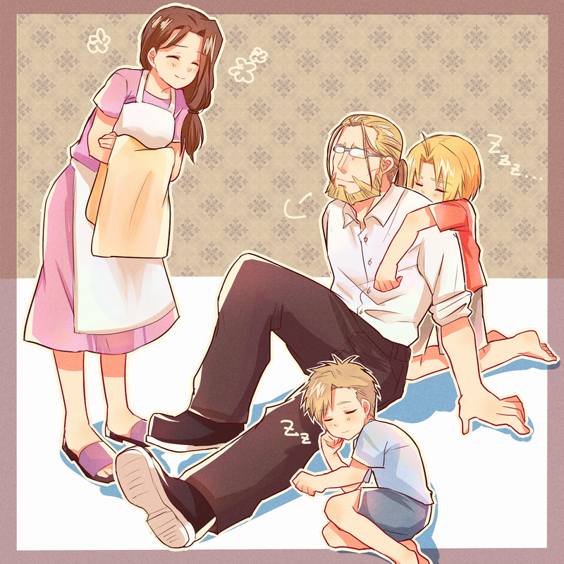 1girl 3boys =3 ^_^ alphonse_elric apron argyle argyle_background arm_support barefoot beard beige_outline black_footwear blanket blonde_hair blue_shirt border breasts brothers brown_background brown_border brown_hair brown_pants buttons clenched_hands closed_eyes closed_mouth collared_shirt couple crossed_arms dress dress_shirt edward_elric eyebrows_visible_through_hair facial_hair family father_and_son flower full_body fullmetal_alchemist furrowed_eyebrows glasses grey-framed_eyewear happy hetero holding holding_blanket leaning leaning_forward light_smile looking_at_another looking_up low_ponytail medium_breasts mother_and_son multiple_boys on_ground outline outside_border pants ponytail purple_dress red_shirt sandals shadow shirt shoes shorts siblings side_ponytail sitting sleeping sleeping_on_person standing trisha_elric tsugu_ra u_u van_hohenheim white_apron white_shirt zzz