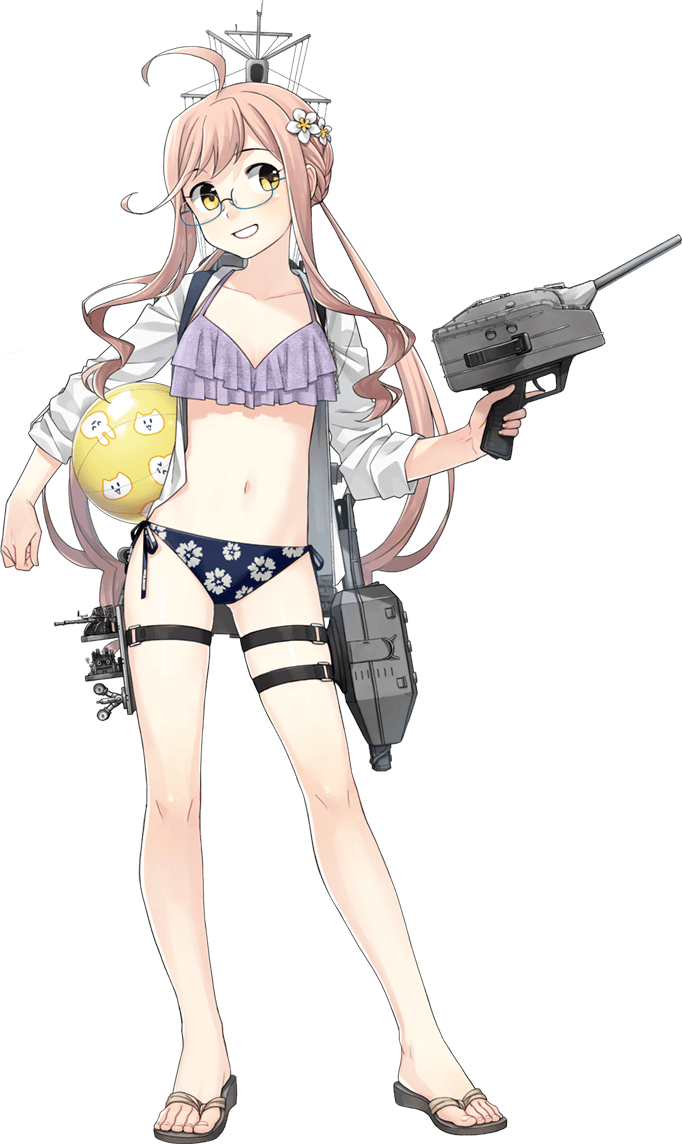 1girl ahoge aqua-framed_eyewear fujikawa full_body glasses kantai_collection long_hair makigumo_(kantai_collection) official_art pink_hair remodel_(kantai_collection) solo transparent_background yellow_eyes