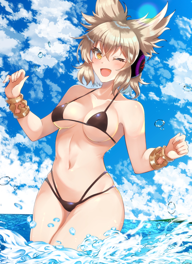 1girl ;d air_bubble bare_arms bare_shoulders bikini black_bikini blue_sky bracelet breasts bubble clouds day hair_between_eyes headphones jewelry kurokan_(kokkyou_oudan) lens_flare light_brown_hair looking_at_viewer medium_breasts medium_hair navel one_eye_closed open_mouth outdoors pointy_hair sky smile solo standing stomach summer swimsuit touhou toyosatomimi_no_miko water yellow_eyes