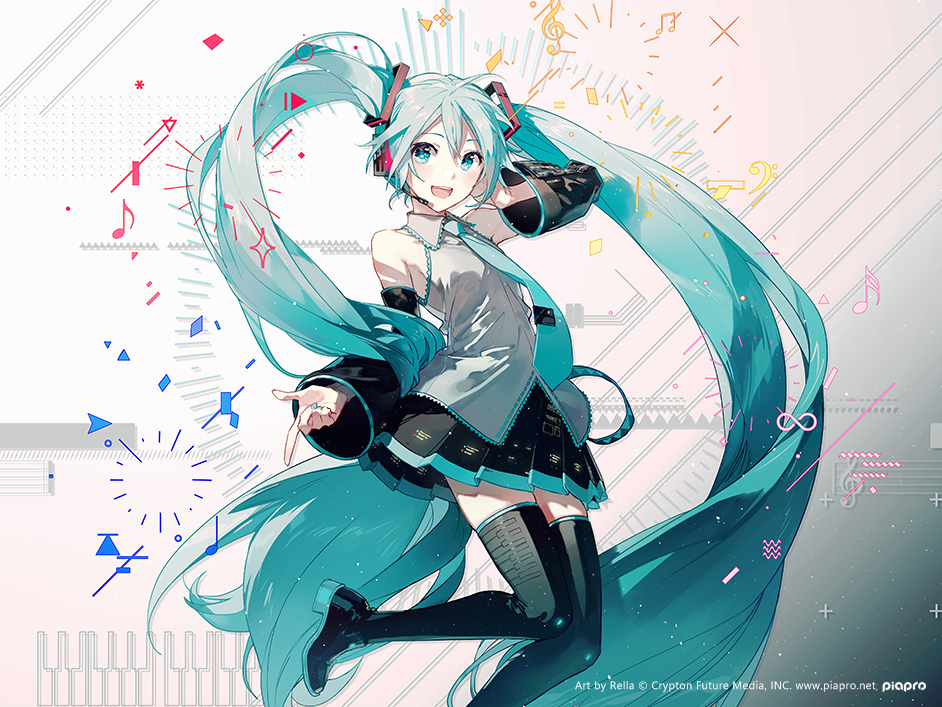 1girl aqua_eyes aqua_hair aqua_neckwear artist_name black_skirt blush boots breasts commentary_request crypton_future_media detached_sleeves finger_gun hatsune_miku headphones headset looking_at_viewer musical_note necktie piapro rella skirt small_breasts solo sparkle thigh-highs thigh_boots tie_clip twintails vocaloid watermark web_address zettai_ryouiki