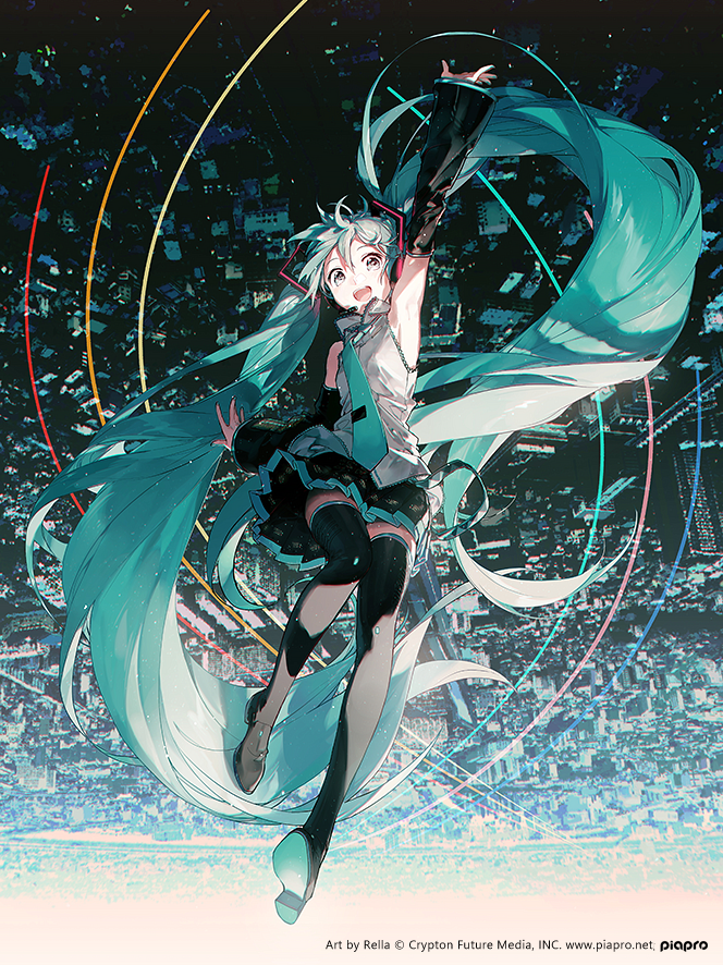 1girl absurdly_long_hair aqua_eyes aqua_hair aqua_neckwear arm_up armpits artist_name black_footwear black_skirt boots breasts commentary_request crypton_future_media detached_sleeves full_body hatsune_miku headphones headset long_hair necktie open_mouth piapro pleated_skirt rella skirt small_breasts smile solo thigh-highs thigh_boots tie_clip twintails very_long_hair vocaloid watermark web_address zettai_ryouiki
