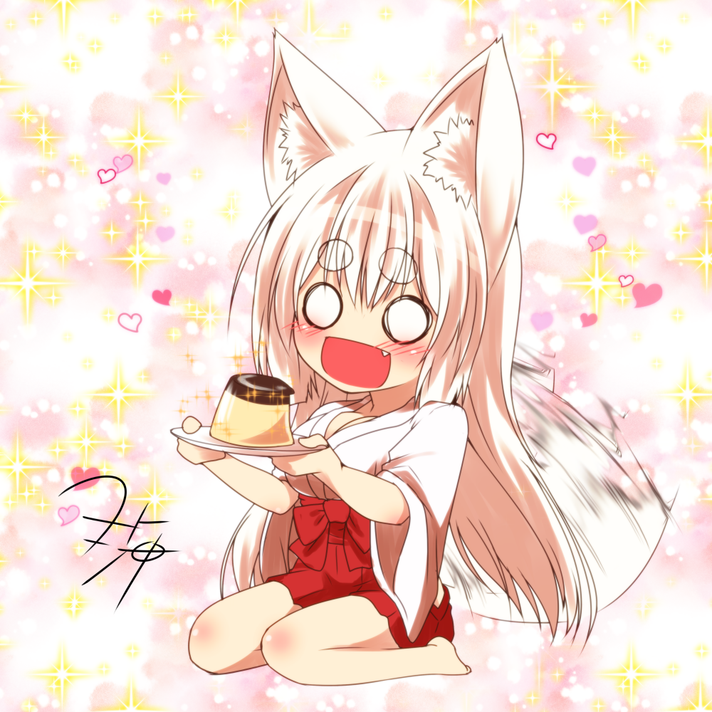 1girl animal_ears blush commentary_request eyebrows_visible_through_hair fang food fox_ears fox_girl fox_tail hair_between_eyes hakama heart holding holding_plate japanese_clothes kimono kohaku_(yua) long_hair long_sleeves o_o open_mouth original plate pudding red_hakama seiza signature sitting solo sparkle tail thick_eyebrows white_hair white_kimono wide_sleeves yua_(checkmate)