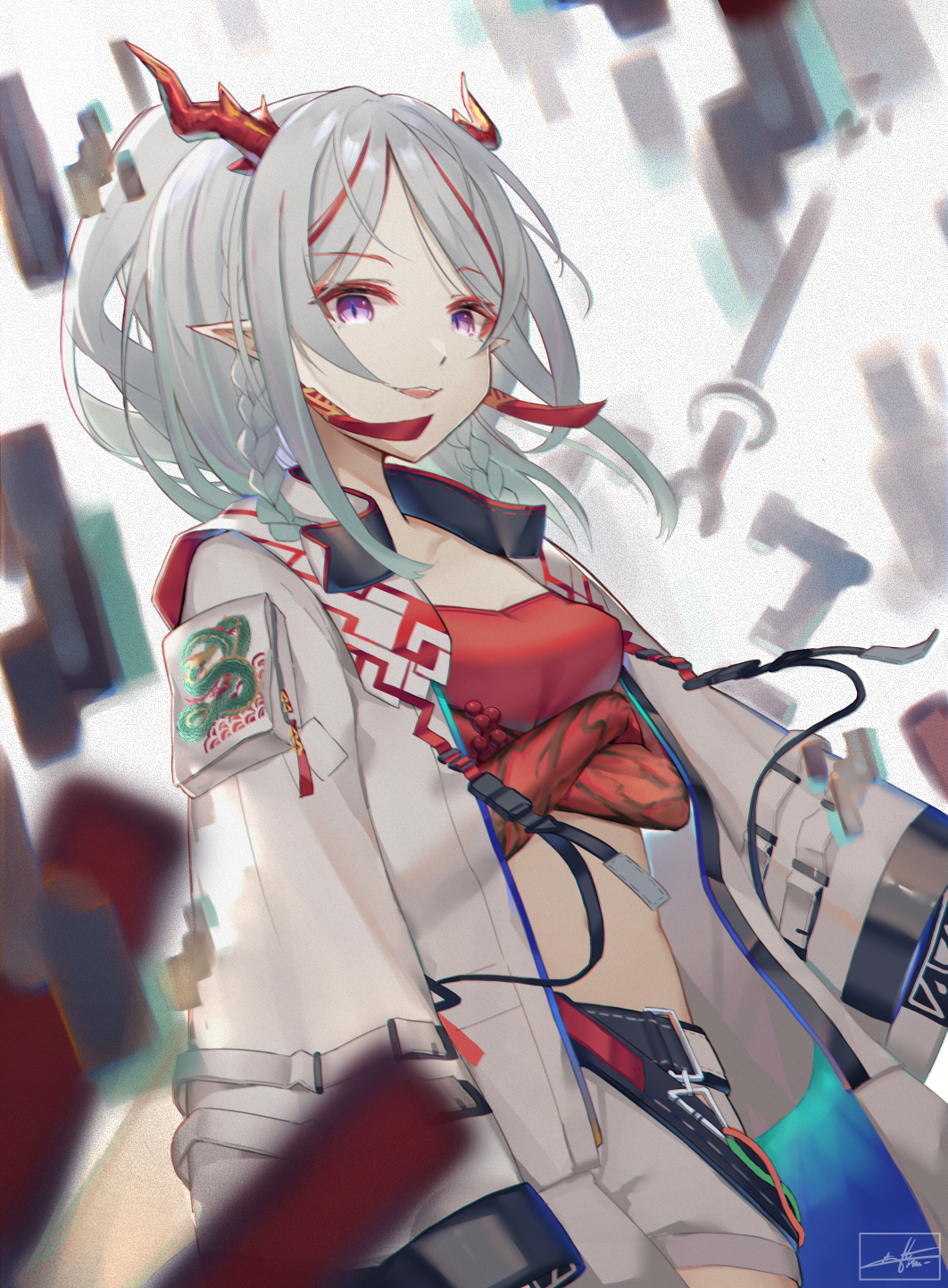 1girl :d arknights bandeau bangs braid commentary_request cowboy_shot crossed_arms eyebrows_visible_through_hair haruuuon highres horns jacket jacket_on_shoulders long_hair looking_at_viewer midriff nian_(arknights) open_mouth pointy_ears shorts silver_hair smile solo stomach strapless tubetop twin_braids violet_eyes white_jacket white_shorts