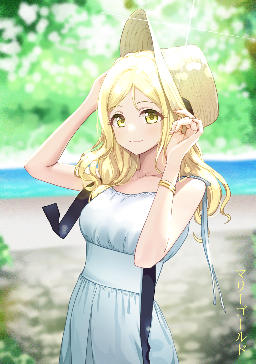 1girl arms_up bangs blonde_hair blurry blurry_background blush deadnooodles dress hat highres long_hair looking_at_viewer love_live! love_live!_sunshine!! ohara_mari outdoors riverbank sleeveless sleeveless_dress smile solo sun_hat upper_body white_dress yellow_eyes