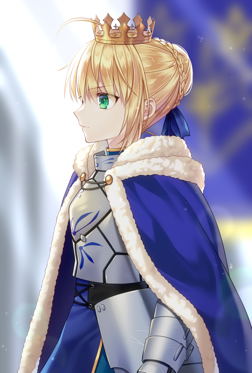 1girl ahoge armor armored_dress artoria_pendragon_(all) bangs blonde_hair blue_cape blurry blurry_background braid cape commentary_request cowboy_shot crown depth_of_field dress eyebrows_visible_through_hair fate/stay_night fate_(series) from_side fur_trim green_eyes hair_ribbon highres ribbon saber shino_skk short_hair solo