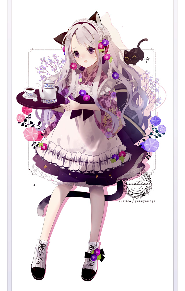 1girl :d animal animal_ears apron bangs black_cat black_skirt boots brown_eyes cat cat_ears cat_girl cat_tail commentary_request cross-laced_footwear cup flower frilled_apron frills full_body grey_hair hair_ornament hairclip holding holding_tray japanese_clothes kimono lace-up_boots long_hair long_sleeves morning_glory open_mouth original pink_flower pink_kimono pleated_skirt purple_flower saucer skirt smile solo standing swept_bangs tail teacup teapot tray very_long_hair wa_maid white_apron white_background white_footwear wide_sleeves yagasuri yuzuyomogi