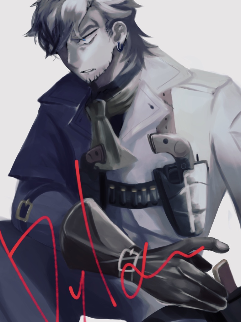 1boy appare-ranman! arm_belt black_gloves brown_hair brown_neckwear character_name coat dylan_g._oldin earrings facial_hair gloves gun hair_over_one_eye holster jewelry shoulder_holster simple_background solo stubble upper_body weapon white_coat