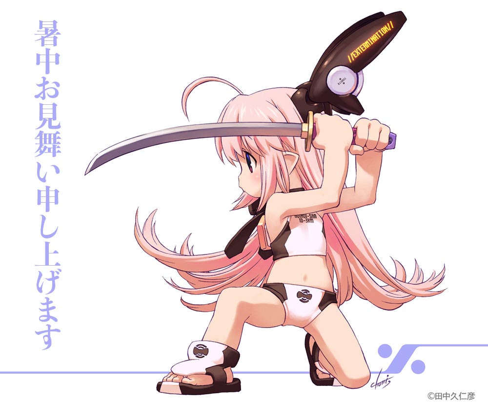 1girl ahoge headgear hoihoi-san ichigeki_sacchuu!!_hoihoi-san katana long_hair navel pointy_ears sandals shochuumimai signature solo stance swimsuit sword tanaka_kunihiko translation_request weapon