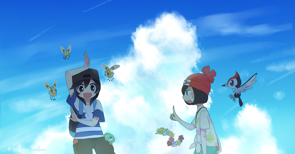 1boy 1girl :d backpack bag bangs baseball_cap beanie black_hair black_headwear clouds comfey commentary_request cutiefly day gen_6_pokemon gen_7_pokemon green_shorts hat index_finger_raised kokoroko legendary_pokemon looking_at_another mizuki_(pokemon) open_mouth outdoors pikipek pokemon pokemon_(creature) pokemon_(game) pokemon_sm pose red_headwear shirt short_sleeves shorts sky smile striped striped_shirt sweatdrop tied_shirt you_(pokemon) zygarde zygarde_core