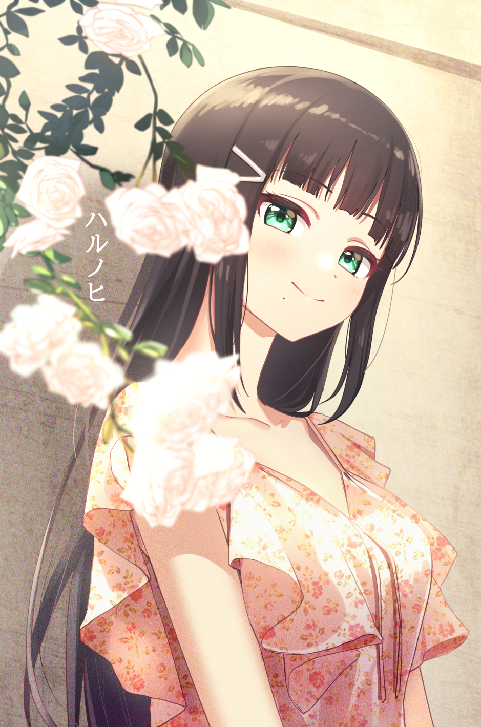 1girl bangs black_hair blunt_bangs blush breasts collarbone deadnooodles eyebrows_visible_through_hair floral_print flower green_eyes hair_ornament highres kurosawa_dia long_hair looking_at_viewer love_live! love_live!_sunshine!! mole mole_under_mouth pink_flower pink_rose pink_shirt rose shirt short_sleeves small_breasts smile solo upper_body wide_sleeves x_hair_ornament