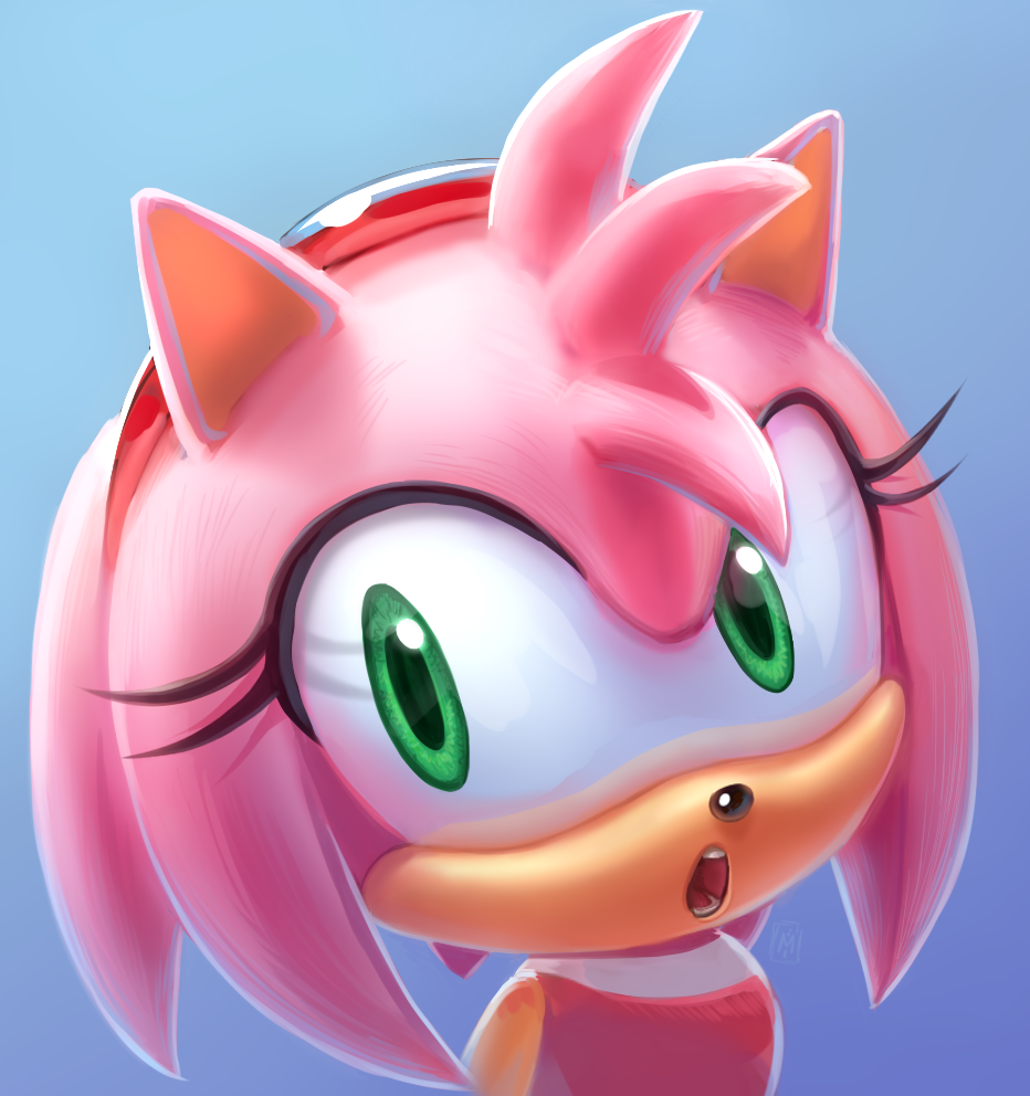 1girl amy_rose animal_ears artist_name bangs bare_shoulders blue_background english_commentary flat_chest furry gradient gradient_background green_eyes hairband looking_to_the_side miitara open_mouth pink_hair red_hairband shiny short_hair simple_background sleeveless solo sonic_the_hedgehog teeth upper_body watermark