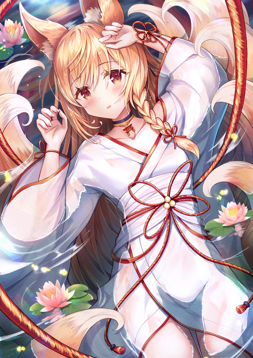 1girl animal_ear_fluff animal_ears blonde_hair blush braid breasts collar collarbone commentary_request eyebrows_visible_through_hair flower flower_on_liquid fox_ears fox_girl fox_tail hair_between_eyes highres japanese_clothes kimono lily_(flower) long_hair long_sleeves looking_at_viewer lying multiple_tails on_back open_mouth orange_eyes original partially_submerged sakura_ani single_braid small_breasts tail water white_kimono