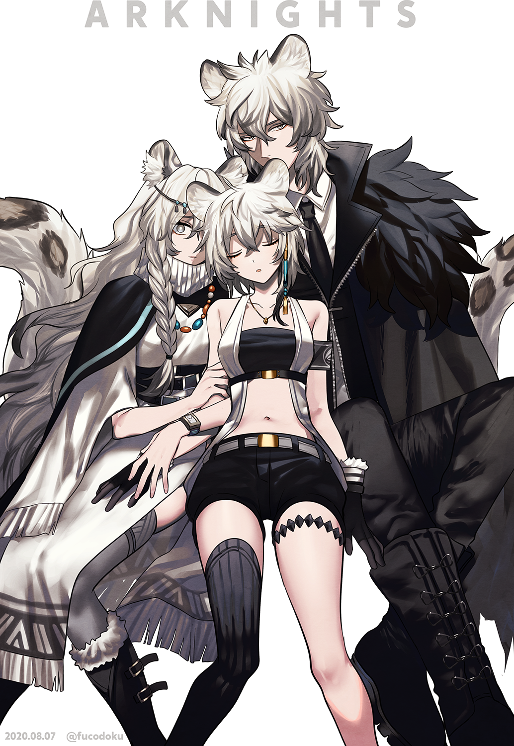 1boy 2girls animal_ear_fluff animal_ears arknights bandeau bangs bare_arms bare_shoulders bead_bracelet beads black_cape black_footwear black_jacket black_legwear black_shorts boots bracelet braid brother_and_sister cape cliffheart_(arknights) closed_eyes commentary_request copyright_name dress feet_out_of_frame fucodoku fur-trimmed_boots fur_trim grey_eyes head_chain highres jacket jewelry leopard_ears leopard_tail long_hair looking_at_viewer multiple_girls no_hat no_headwear parted_lips pramanix_(arknights) short_hair short_shorts shorts siblings silver_hair silverash_(arknights) simple_background single_thighhigh sisters strapless tail thigh-highs tubetop turtleneck_dress white_background white_dress