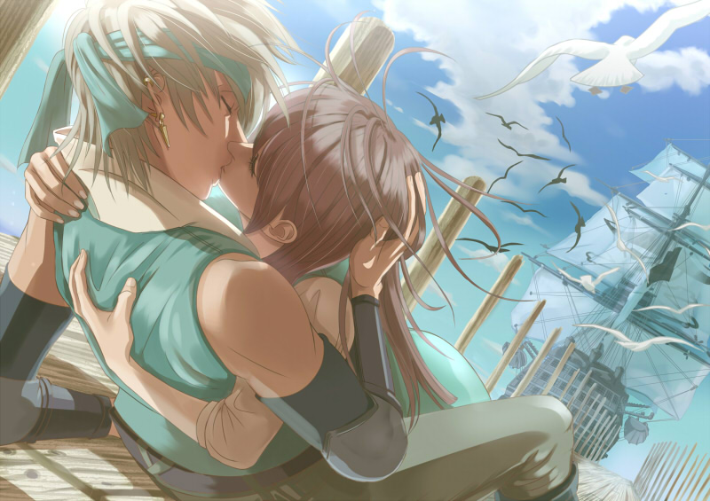 1boy 1girl aqua_dress aqua_headband arm_warmers bird brown_hair closed_eyes day dress dutch_angle earrings hand_on_another's_head hetero hug jewelry kielaliu kiss koi_ni_ochita_kaizokuou nero_(koi_ni_ochita_kaizokuou) outdoors pants pier seagull ship watercraft