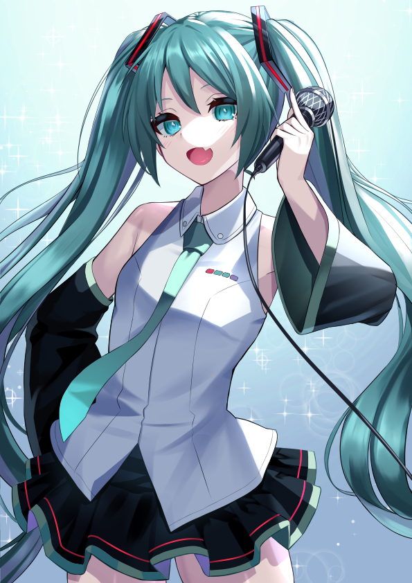 1girl :d aqua_eyes aqua_hair bangs bare_shoulders black_skirt black_sleeves blue_background blush breasts commentary_request cowboy_shot detached_sleeves fang gradient gradient_background green_hair hair_ornament hand_on_hip hand_up hatsune_miku holding holding_microphone long_hair long_sleeves looking_at_viewer medium_breasts microphone miniskirt necktie open_mouth pleated_skirt shirt skirt sleeveless sleeveless_shirt small_breasts smile solo tasuku_(user_fkzv3343) thigh-highs twintails very_long_hair virtual_youtuber vocaloid