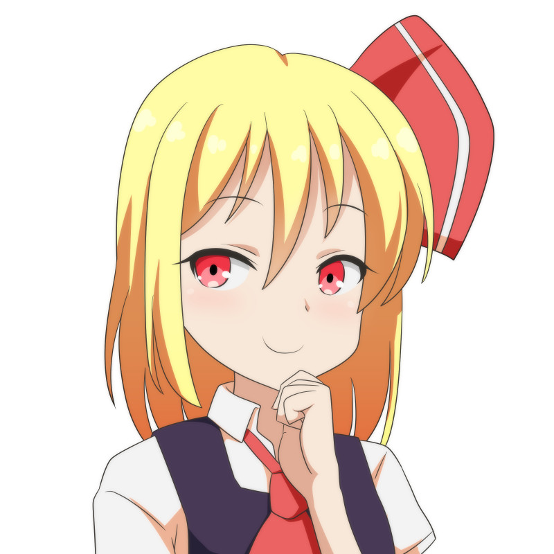 1girl ascot bangs black_vest blonde_hair cato_(monocatienus) commentary eyebrows_visible_through_hair face hair_between_eyes hair_ribbon hand_on_own_chin looking_at_viewer medium_hair portrait red_eyes red_neckwear red_ribbon ribbon rumia shirt short_sleeves simple_background smile smirk solo touhou vest white_background white_shirt