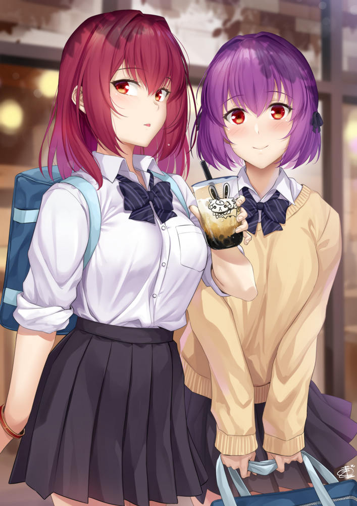 2girls alternate_hair_length alternate_hairstyle backpack bag bangs beige_sweater black_neckwear black_skirt blush bow bowtie breasts bubble_tea closed_mouth collared_shirt contemporary dress_shirt fate/grand_order fate_(series) long_hair long_sleeves looking_at_viewer medium_breasts multiple_girls okitakung open_mouth parted_lips pleated_skirt purple_hair red_eyes scathach_(fate)_(all) scathach_(fate/grand_order) scathach_skadi_(fate/grand_order) school_bag school_uniform shirt short_hair skirt sleeves_rolled_up smile younger