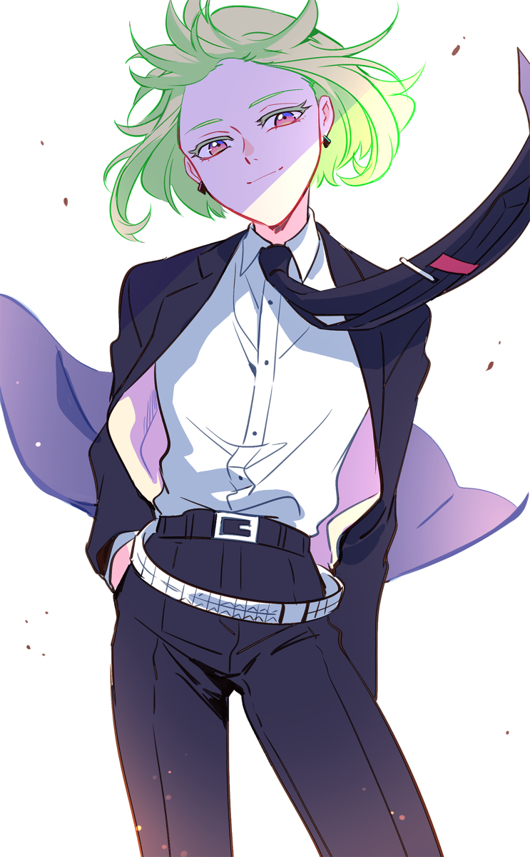 1boy belt bhh4321 collared_shirt earrings formal green_eyes green_hair hands_in_pockets highres jewelry lio_fotia looking_at_viewer necktie pants promare shirt simple_background smile solo suit violet_eyes white_background white_shirt