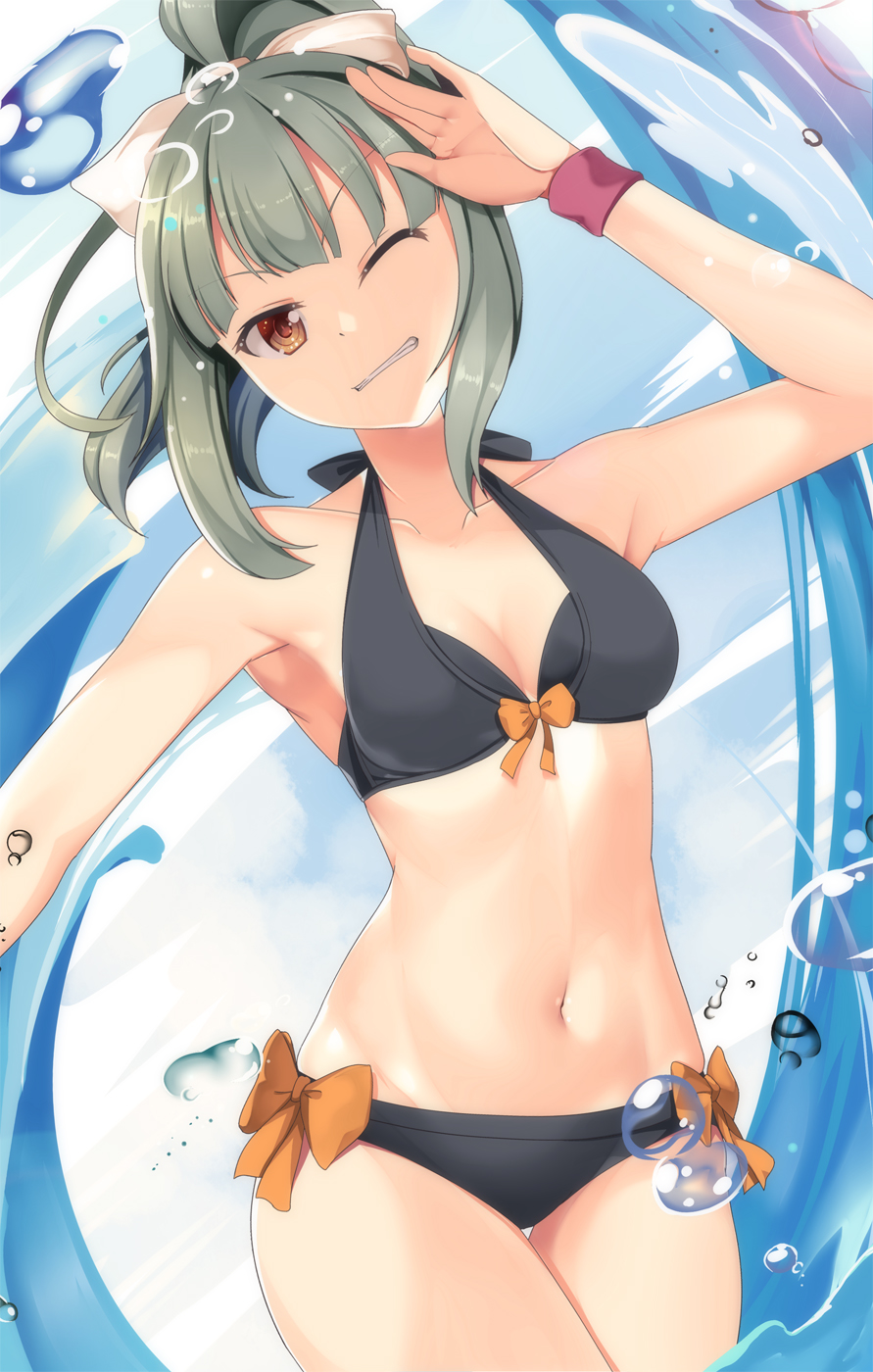 1girl arm_up armpits bikini black_bikini bow bow_bikini brown_eyes collarbone front-tie_bikini front-tie_top grey_hair hair_bow highres kantai_collection long_hair navel one_eye_closed orange_bow ponytail side-tie_bikini solo swimsuit water water_drop white_bow wristband yasume_yukito yuubari_(kantai_collection)