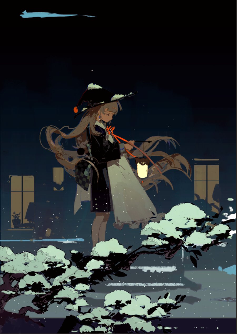 1girl apron black_dress closed_eyes dress earrings hat highres in_tree jewelry lantern light_brown_hair long_hair night orange_ribbon original redum4 ribbon snow solo tree very_long_hair winter witch_hat wrist_cuffs