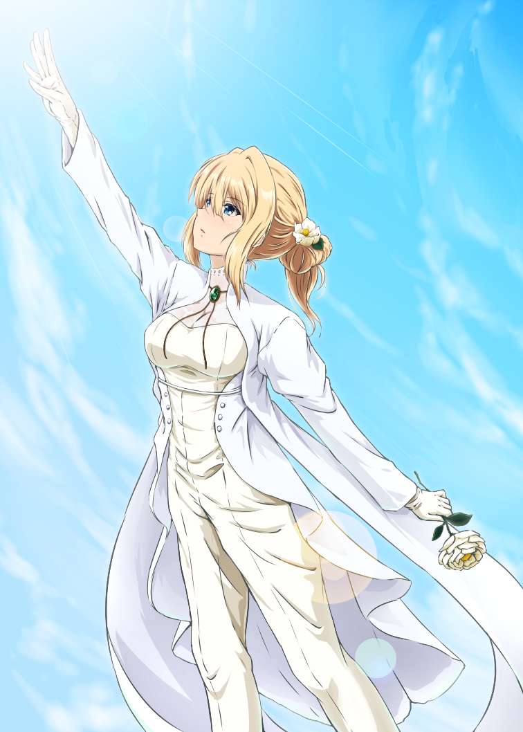 1girl arm_up blonde_hair blue_eyes breasts brooch diesel-turbo flower gloves hair_flower hair_ornament holding holding_flower jacket jewelry medium_breasts pants parted_lips reaching solo violet_evergarden violet_evergarden_(character) white_gloves white_jacket white_pants