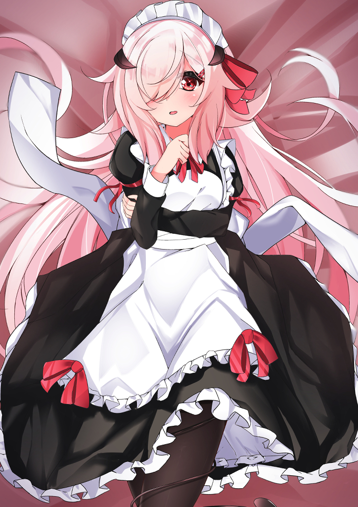 1girl apron bangs bed_sheet black_dress black_legwear blush bow demon_girl demon_horns demon_tail dress eyebrows_visible_through_hair frilled_apron frills hair_bow hair_ornament hair_over_one_eye hairclip horns juliet_sleeves kitasaya_ai long_hair long_sleeves looking_at_viewer lying maid maid_apron maid_headdress on_back original pantyhose parted_lips pink_hair puffy_sleeves red_bow red_eyes solo tail very_long_hair white_apron