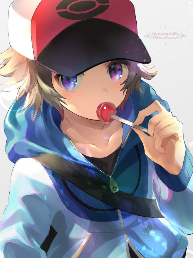 1boy artist_name bag baseball_cap blue_jacket brown_hair candy collarbone commentary_request eating food hand_up hat holding holding_stick hood hood_down jacket kokoroko lens_flare lollipop looking_to_the_side poke_ball_print pokemon pokemon_(game) pokemon_bw shoulder_bag solo stick touya_(pokemon) zipper_pull_tab