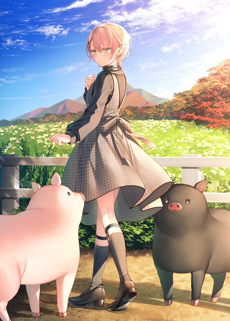 1girl animal back blonde_hair clouds commentary_request day dress eyebrows_visible_through_hair fence full_body grass hair_between_eyes kneehighs long_sleeves mountain original outdoors pig short_hair sky solo standing toosaka_asagi tree yellow_eyes