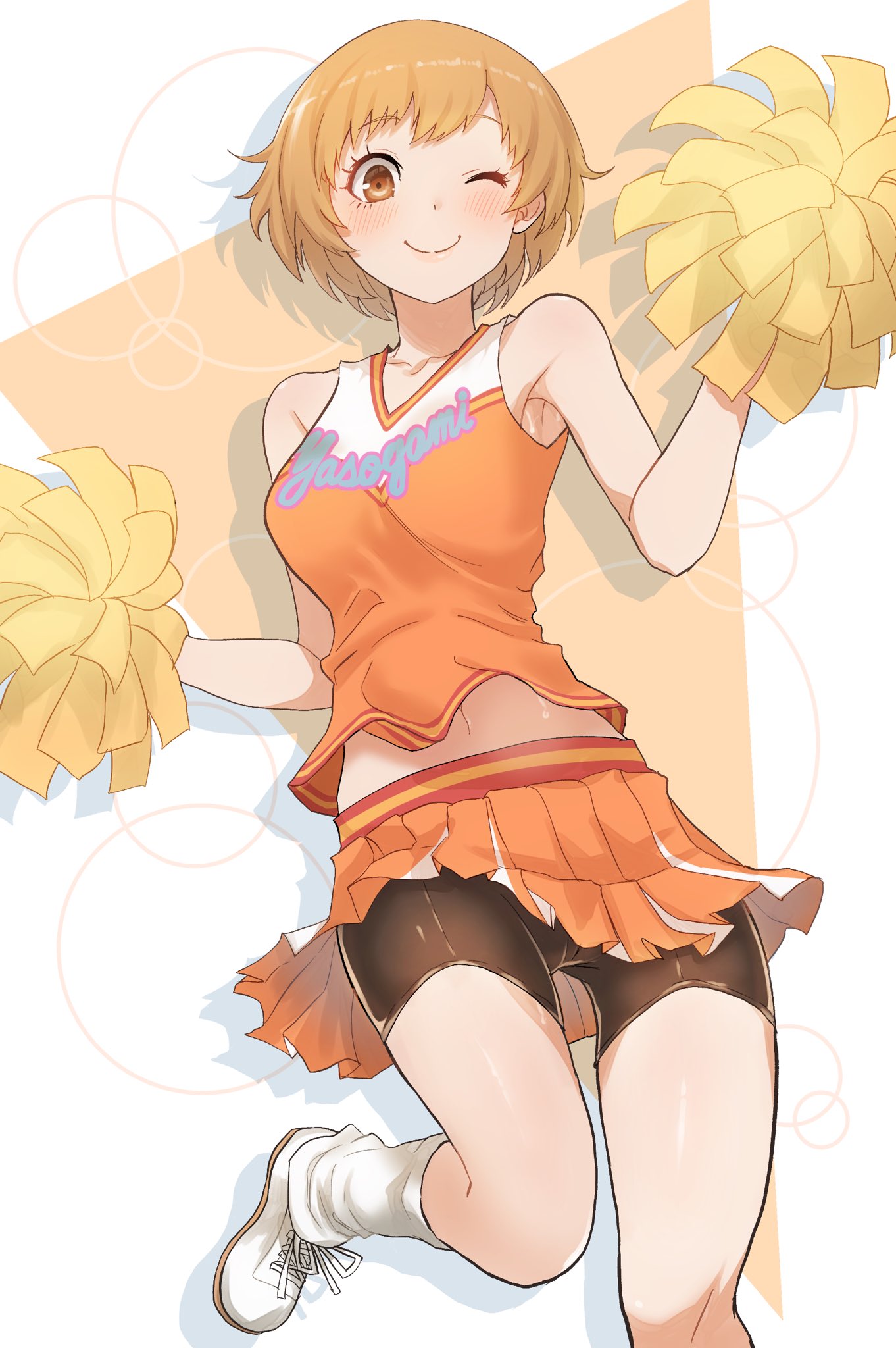 1girl blush brown_eyes brown_hair cheerleader eyebrows_visible_through_hair highres kurosususu looking_at_viewer one_eye_closed persona persona_4 pleated_skirt pom_poms satonaka_chie shiny shiny_hair shiny_skin short_hair shorts shorts_under_skirt simple_background skirt solo