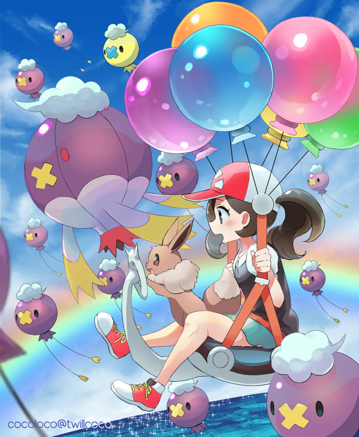 1girl alternate_color aqua_shorts artist_name ayumi_(pokemon) balloon baseball_cap blush brown_hair clouds day drifblim drifloon eevee eyelashes flying gen_1_pokemon gen_4_pokemon hat holding kokoroko open_mouth outdoors pokemon pokemon_(creature) pokemon_(game) pokemon_lgpe shiny_pokemon shirt shoes short_sleeves shorts sitting sky sparkle water