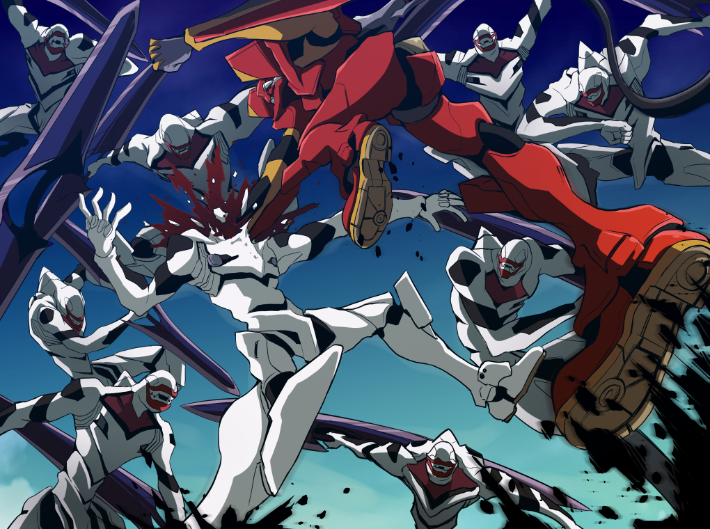 battle blood commentary_request decapitation dirt epic eva_02 foreshortening fujitaka_nasu holding holding_weapon jumping mass_production_eva mecha midair neon_genesis_evangelion no_humans sky teeth weapon