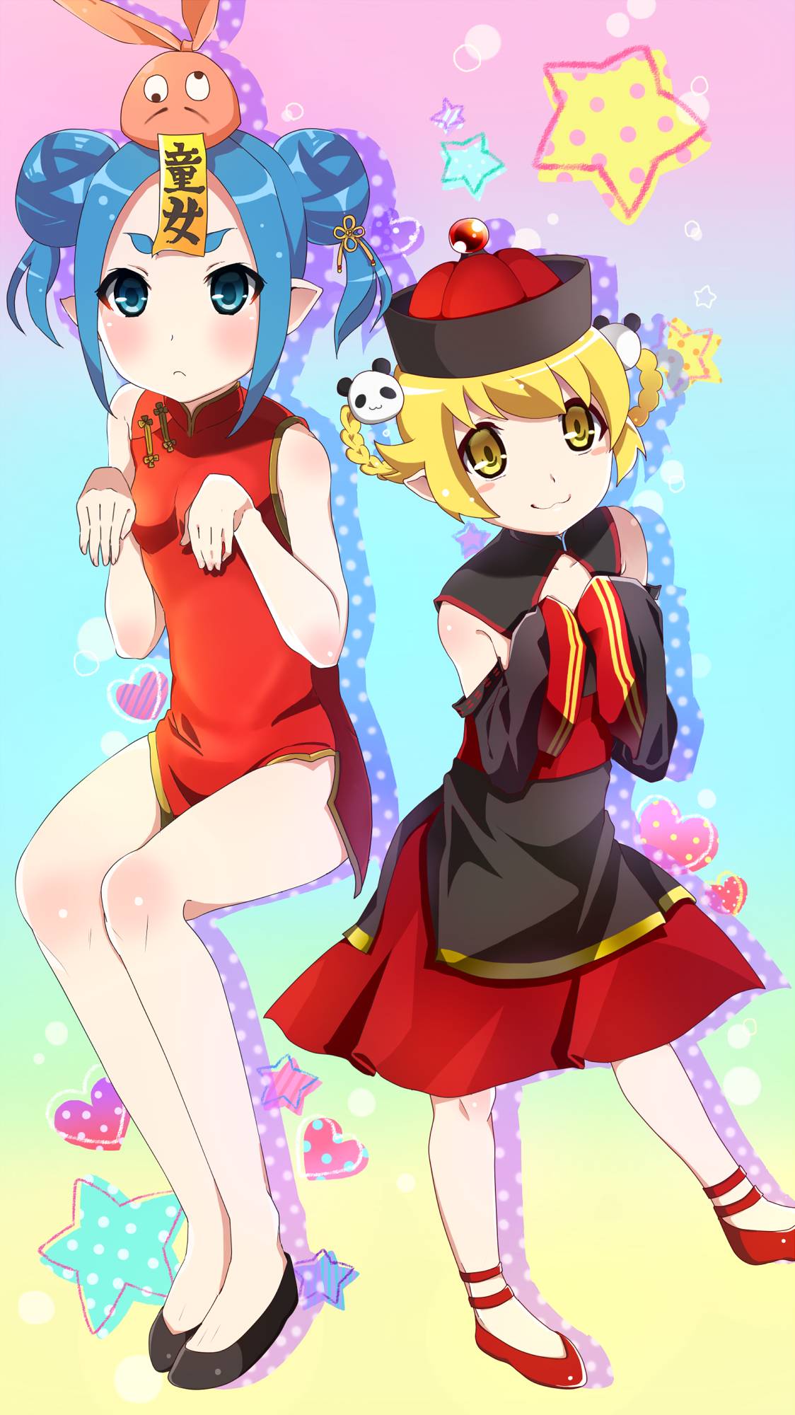 blonde_hair blue_hair china_dress chinese_clothes double_bun dress green_eyes hair_ornament highres jiangshi jiangshi_costume monogatari_(series) msmrdaaaaa multicolored multicolored_background ononoki_yotsugi oshino_shinobu panda_hair_ornament starry_background thigh-highs yellow_eyes zettai_ryouiki