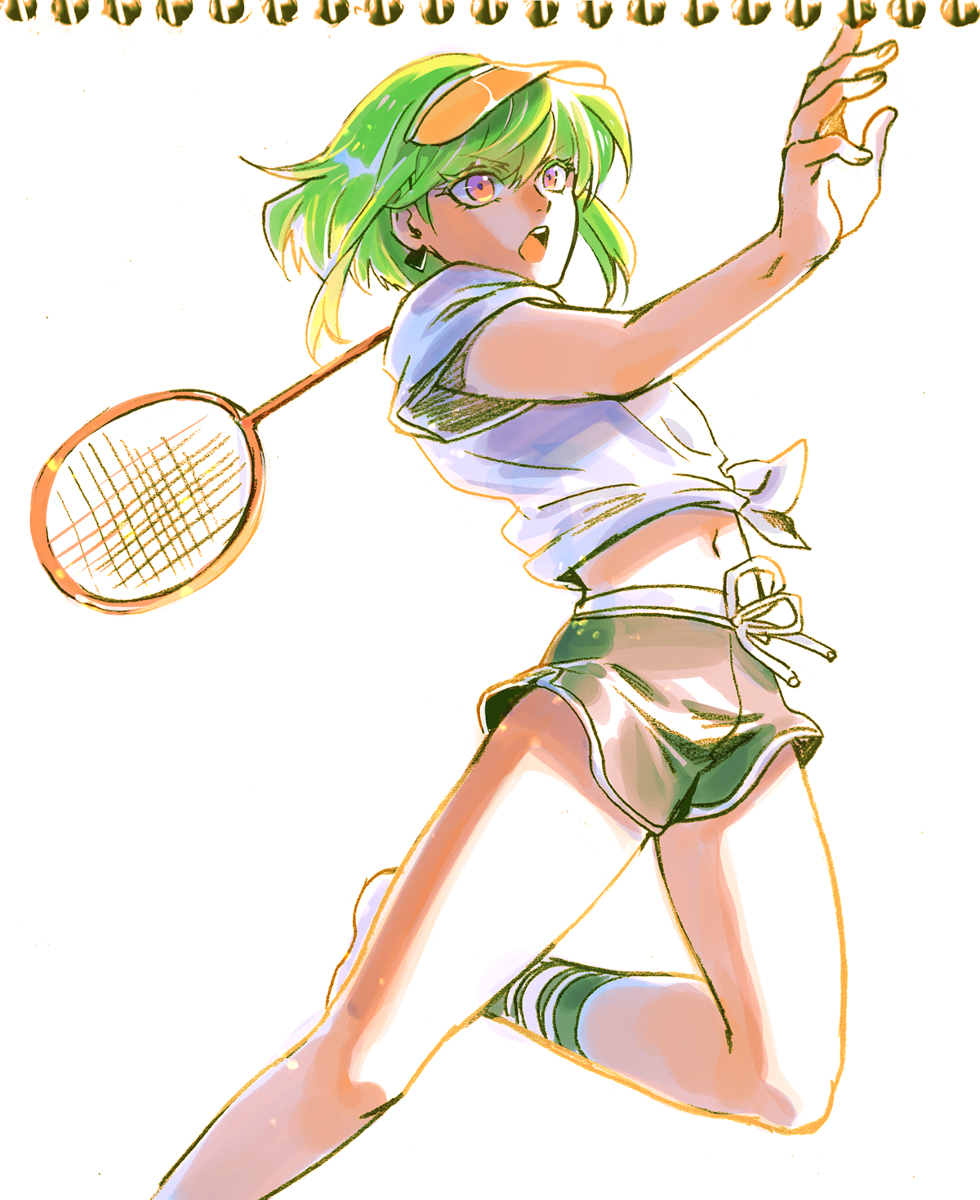 1boy bangs bhh4321 dolphin_shorts eyebrows_visible_through_hair front-tie_top green_hair green_legwear highres lio_fotia male_focus promare racket shirt short_shorts shorts simple_background socks solo tennis_racket tied_shirt violet_eyes white_background