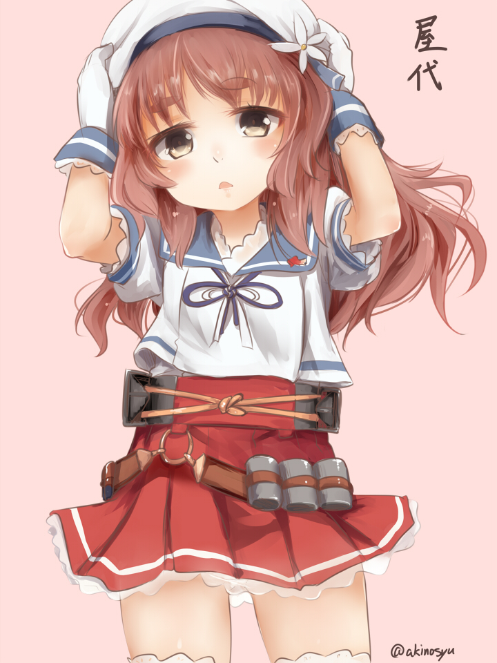 1girl akino_shuu blue_sailor_collar blush brown_hair character_name cowboy_shot gloves hat kantai_collection long_hair open_mouth pink_background pleated_skirt red_skirt sailor_collar sailor_hat school_uniform serafuku short_sleeves simple_background skirt solo twitter_username white_gloves white_headwear yashiro_(kantai_collection) yellow_eyes