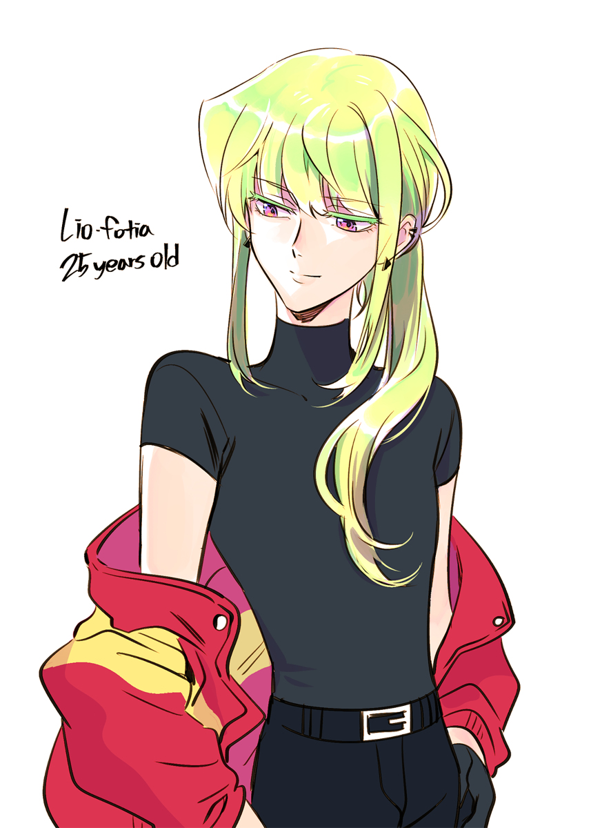 1boy alternate_hair_length alternate_hairstyle bangs belt bhh4321 black_shirt earrings eyebrows_visible_through_hair green_hair highres jacket jewelry lio_fotia long_hair looking_to_the_side older ponytail promare shirt sidelocks simple_background smile solo violet_eyes white_background