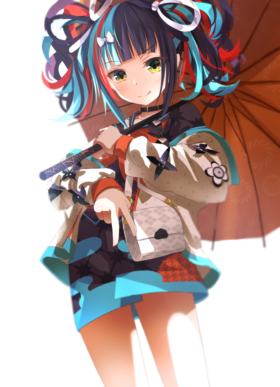 1girl bag bangs black_collar black_hair black_sailor_collar black_shirt blue_hair blush breasts closed_mouth collar fate/grand_order fate_(series) highres jacket licking_lips long_hair long_sleeves looking_at_viewer multicolored_hair oriental_umbrella puffy_long_sleeves puffy_sleeves red_umbrella redhead sailor_collar sakazakinchan sei_shounagon_(fate) shirt shoulder_bag smile thighs tongue tongue_out twintails umbrella v white_jacket yellow_eyes