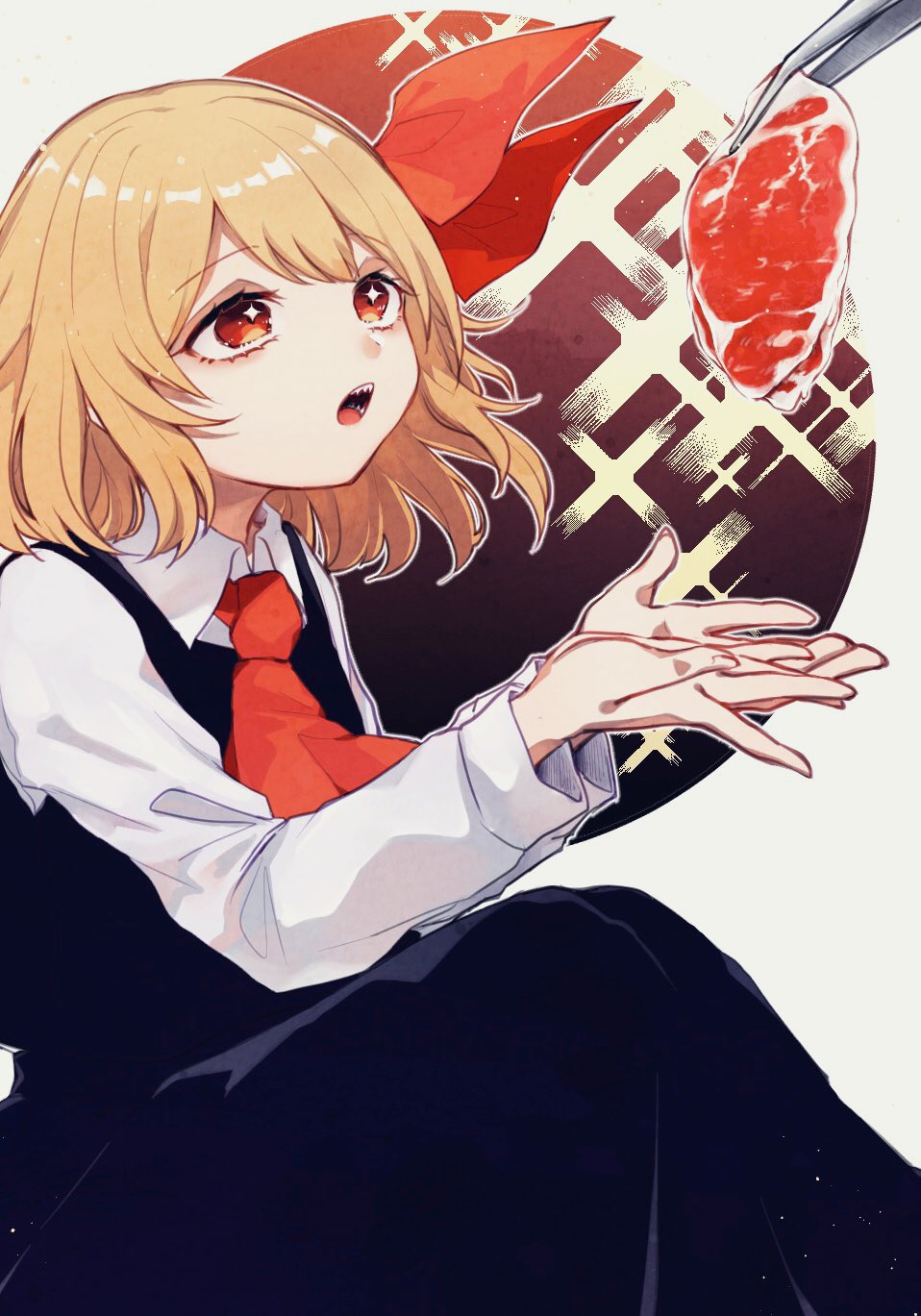 1girl ascot black_dress blonde_hair commentary dress food hair_ribbon highres katai_(nekoneko0720) long_sleeves meat open_mouth outstretched_arms red_neckwear red_ribbon ribbon rumia sharp_teeth shirt short_hair solo sparkling_eyes teeth tongs touhou upper_body white_shirt
