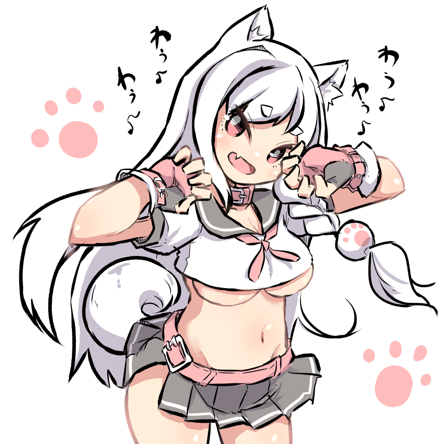 1girl :d animal_ear_fluff animal_ears azur_lane bangs belt belt_buckle black_skirt braid breasts buckle crop_top eyebrows_visible_through_hair fang fingerless_gloves gloves grey_sailor_collar hair_ornament hands_up head_tilt long_hair looking_at_viewer medium_breasts midriff navel open_mouth pleated_skirt puffy_short_sleeves puffy_sleeves red_belt red_eyes red_gloves sailor_collar school_uniform serafuku shirt short_eyebrows short_sleeves simple_background skirt smile solo standing tail thick_eyebrows translation_request u-non_(annon'an) under_boob very_long_hair white_background white_hair white_shirt wolf_ears wolf_girl wolf_tail yuudachi_(azur_lane)