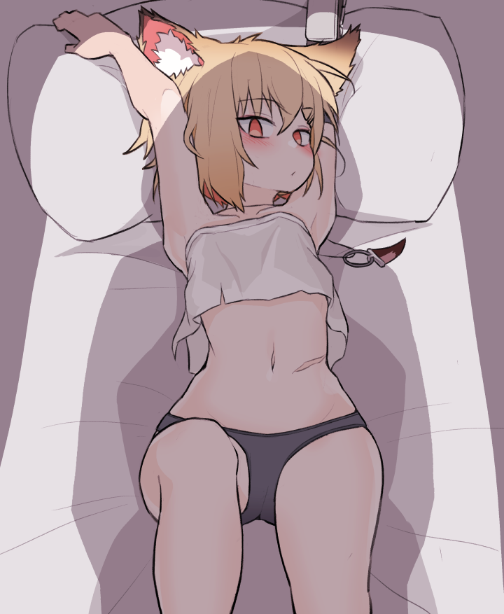 1girl animal_ear_fluff animal_ears arknights arms_up blonde_hair blush dusonson eyebrows_visible_through_hair fingerless_gloves fox_ears fox_girl fox_tail gloves hair_ornament hairclip looking_at_viewer lying medium_hair navel notched_ear on_back on_bed pillow pillow_grab prosthesis prosthetic_arm scar shadow simple_background solo tail vermeil_(arknights) white_background yellow_eyes