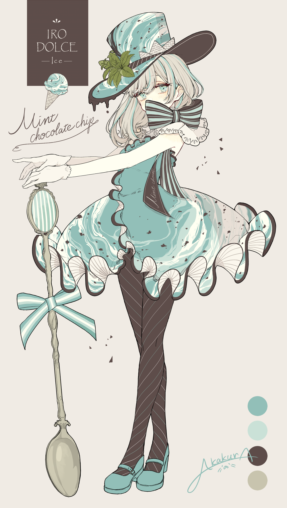 1girl akakura artist_name black_legwear blue_eyes bow commentary_request diagonal_stripes dress food frilled_dress frills from_side full_body gloves green_dress green_footwear green_headwear grey_background grey_hair hat highres ice_cream ice_cream_cone long_hair looking_back mary_janes mint multicolored_hair original pantyhose personification ribbon shoes sleeveless sleeveless_dress spoon standing striped striped_bow striped_legwear top_hat two-tone_hair white_gloves